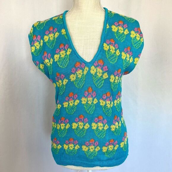 Rare Vintage 80s Collage Women’s M Blue Knit Sweater Vest Floral Pattern retro - Picture 1 of 6